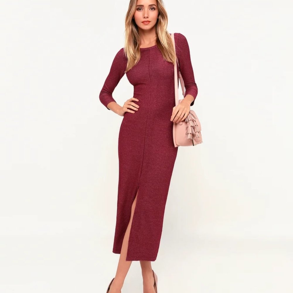Lulus Keen Washed Burgundy Striped Ribbed Midi Dress - S